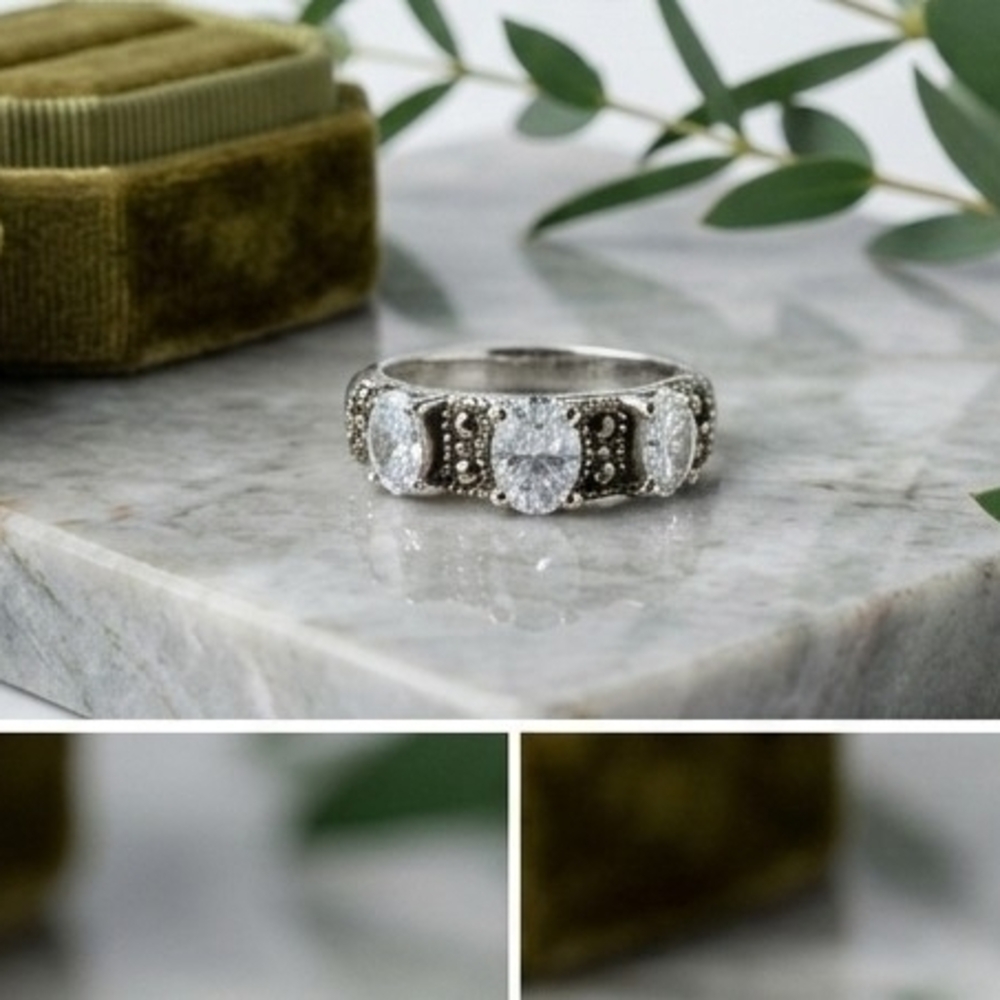 Vintage-Inspired Sterling Three-Stone CZ Ring in Silver